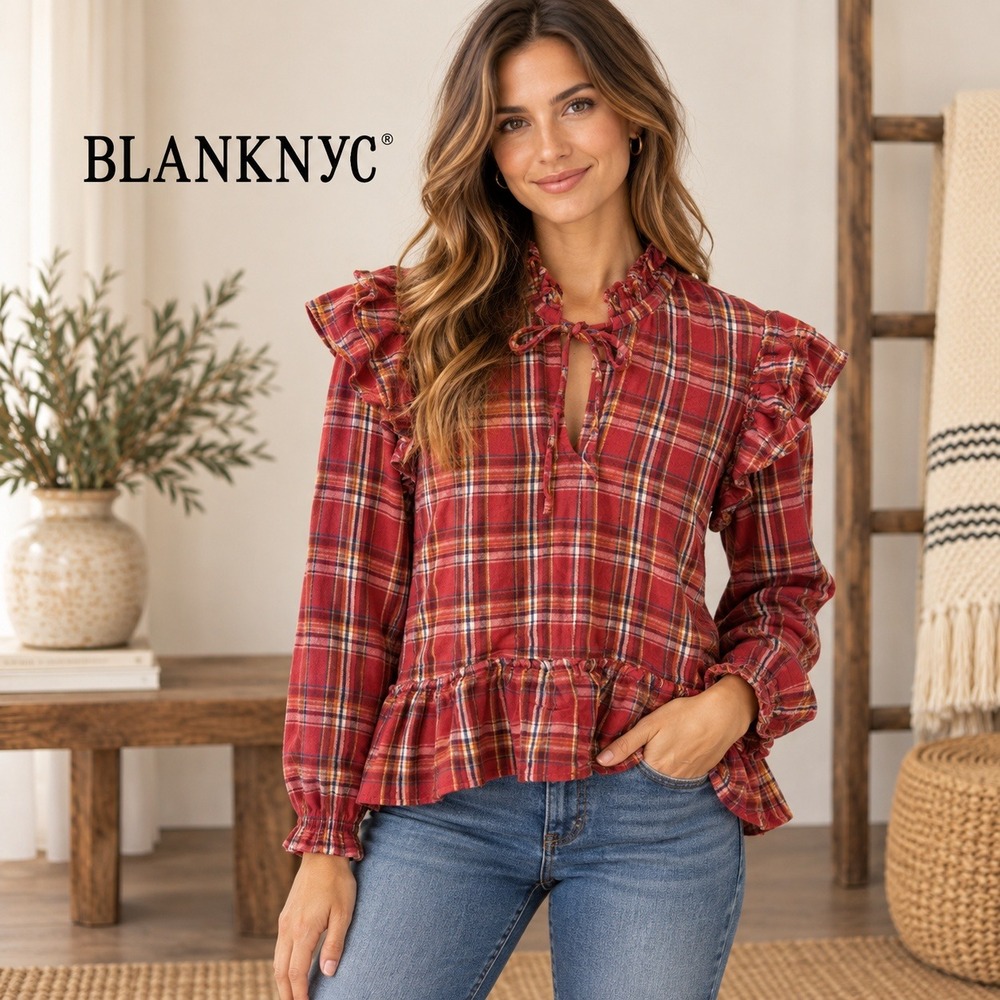BlankNYC Red Plaid Ruffle Peplum Blouse Tie Neck Cotton Top Size Medium